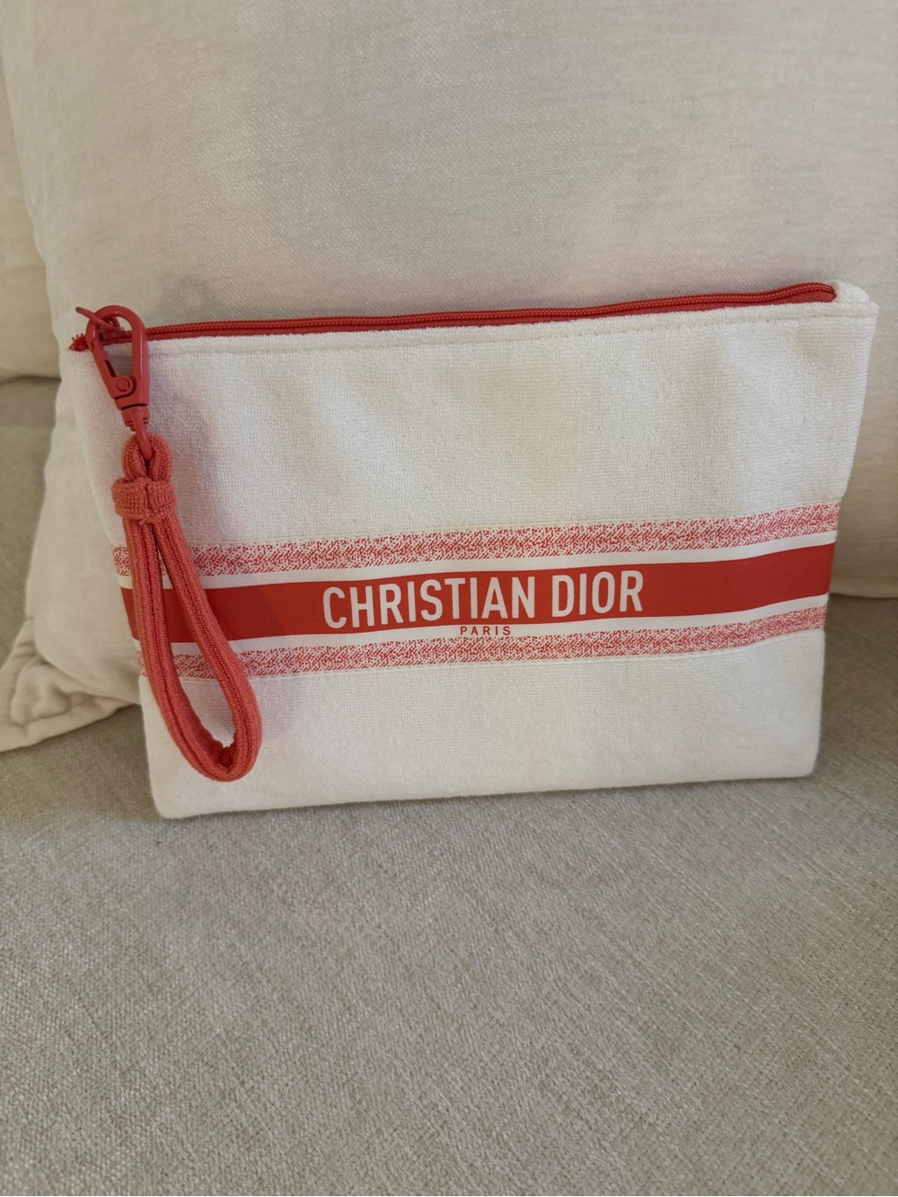 Dior White Canvas Pouch with Coral Logo Stripe